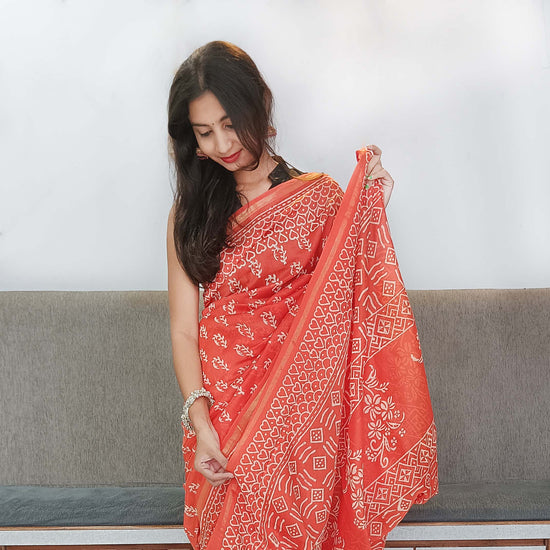 Chanderi Silk Cotton Sari With Dabu Print