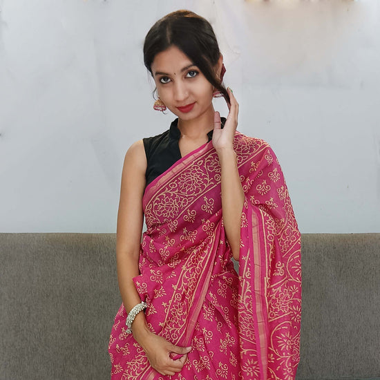 Chanderi Silk Cotton Sari dabu Print