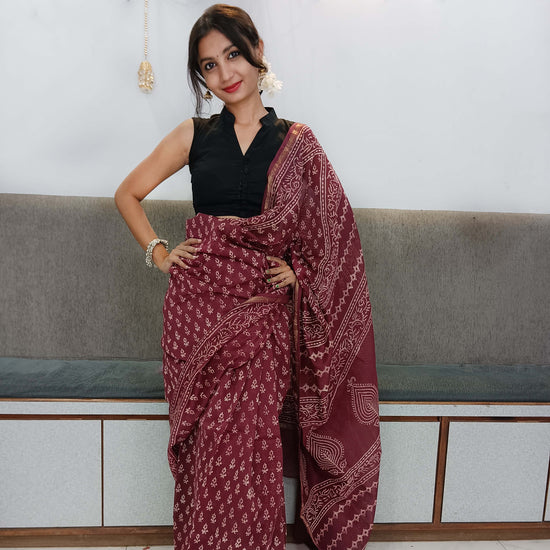 Chanderi Silk Cotton Sari With Dabu Print