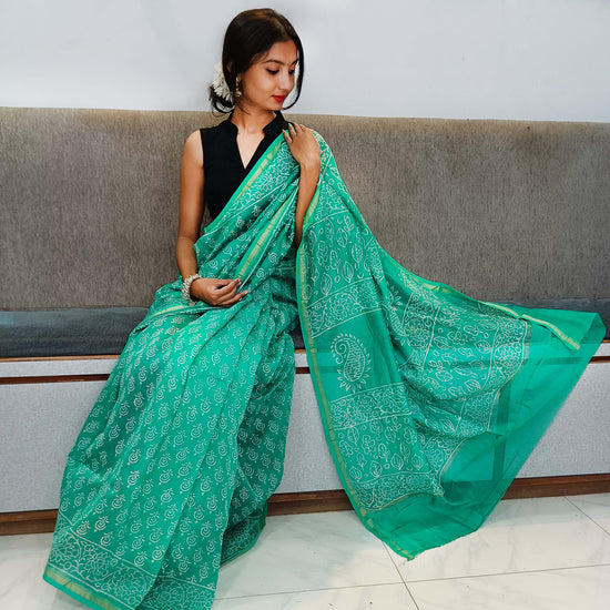 Chanderi Silk Cotton Sari With Dabu Print