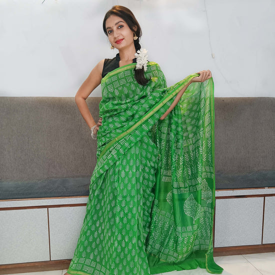 Chanderi Silk Cotton Sari With Dabu Print