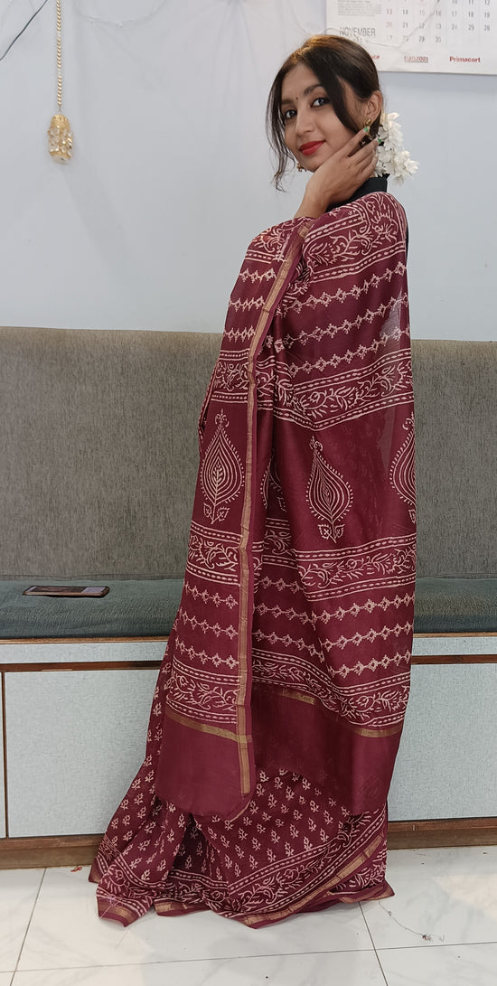 Chanderi Silk Cotton Sari With Dabu Print