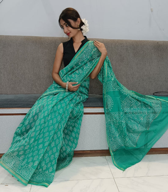 Chanderi Silk Cotton Sari With Dabu print