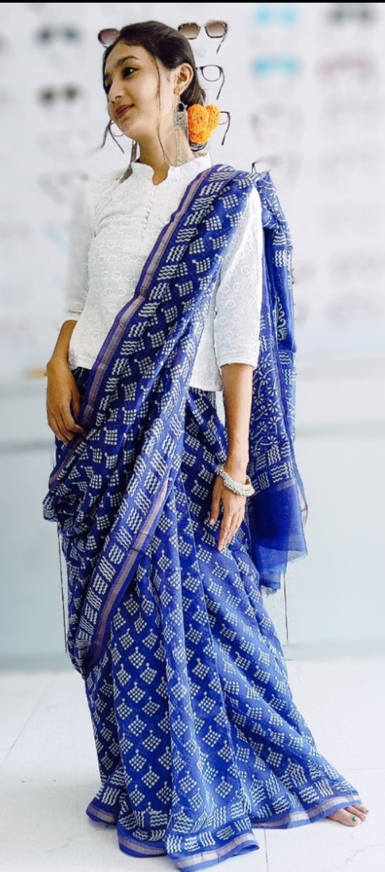 Chanderi Silk Cotton Sari With Dabu print