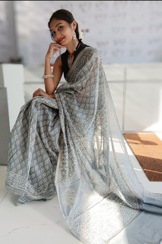 Chanderi Silk Cotton Sari With Dabu print