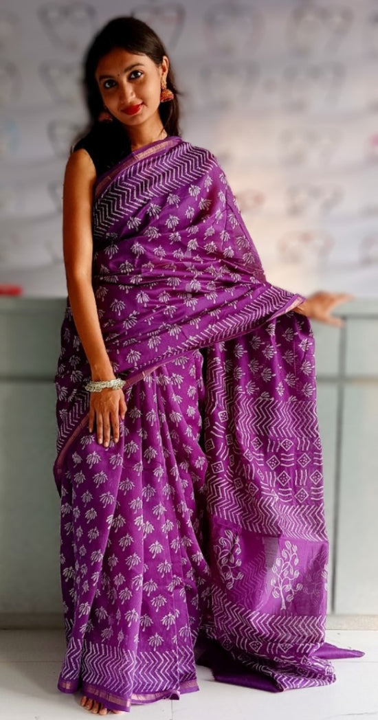 Chanderi Silk Cotton Sari With Dabu print